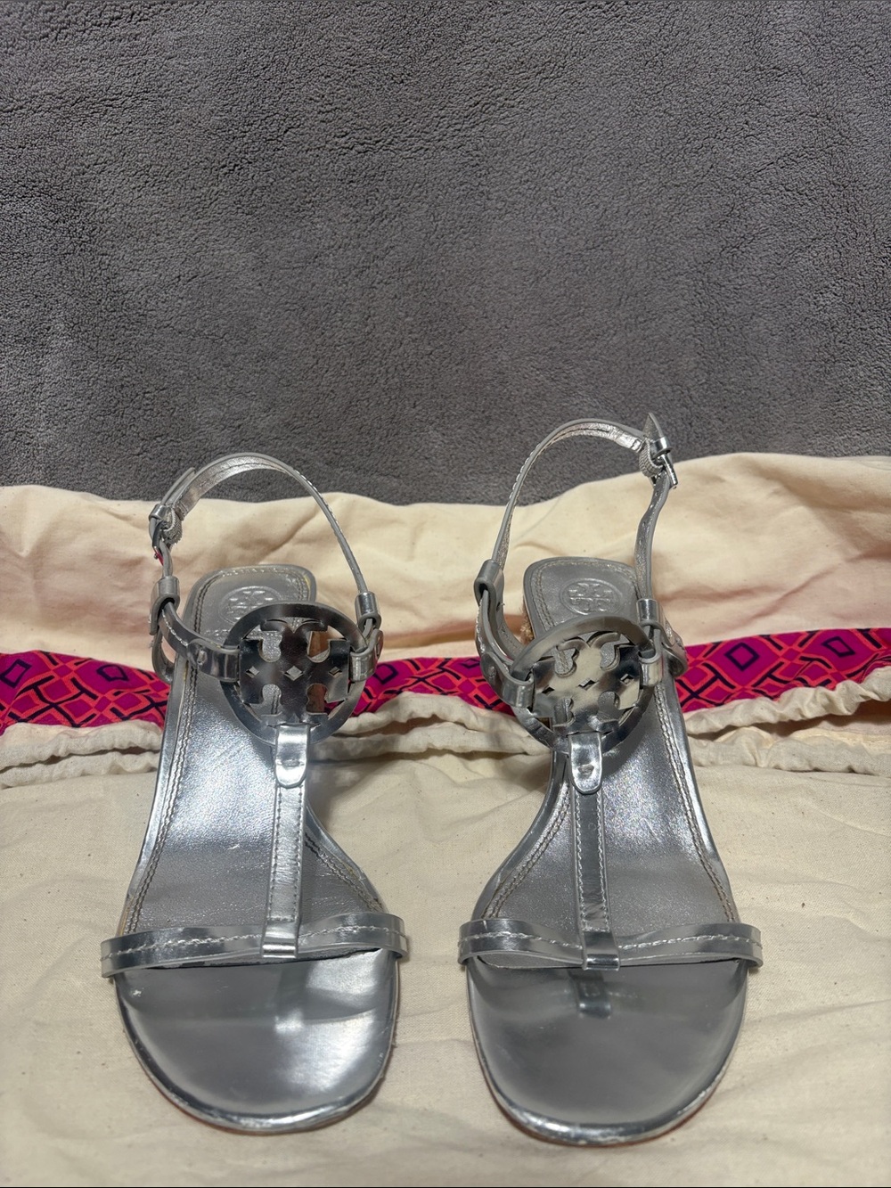 Tory Burch Metallic Silver T-Strap Logo Sandals